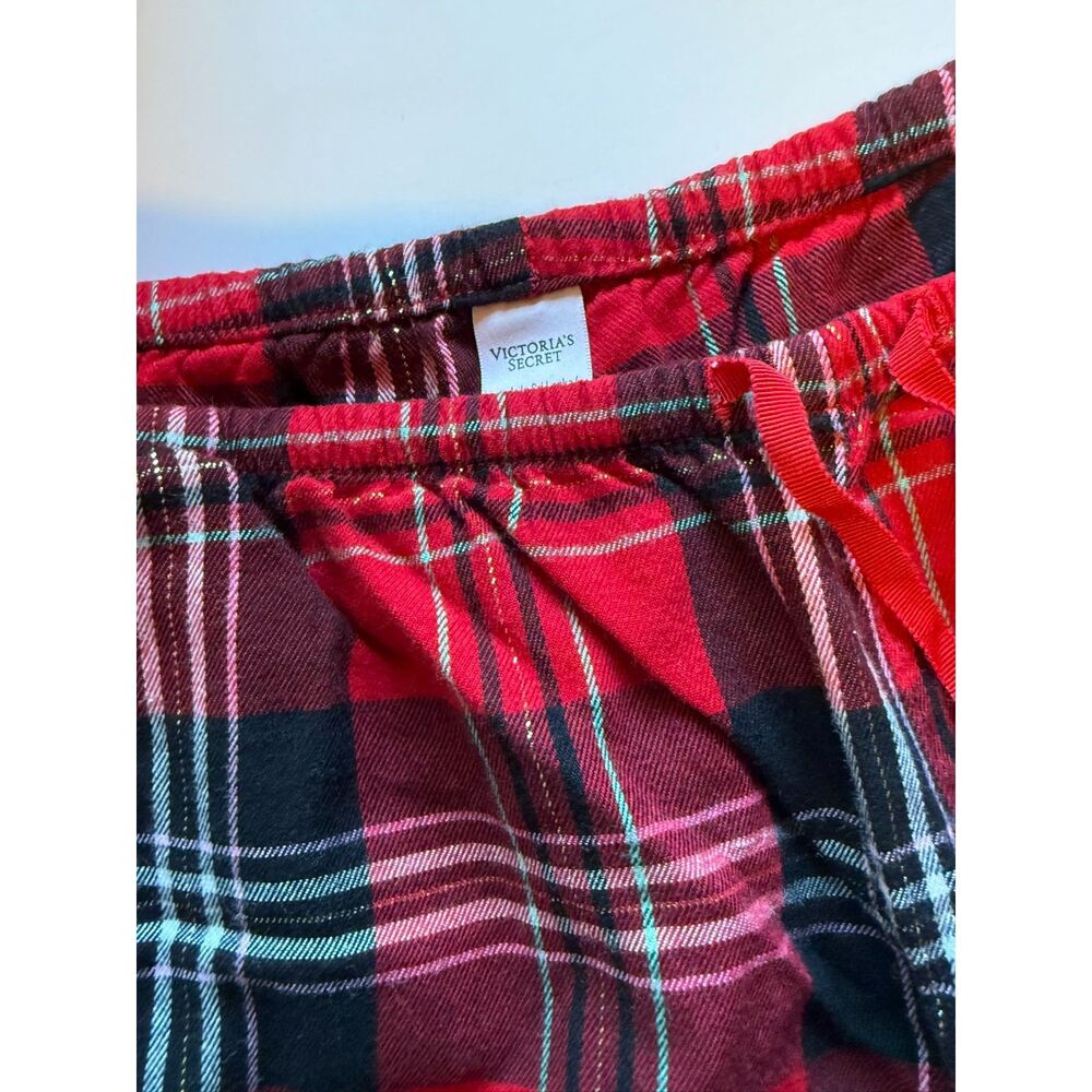 Victoria’s Secret Red Plaid Flannel Pajama Pants L Gold Lurex Sparkle Lounge - Picture 2 of 7